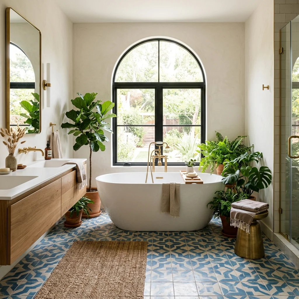 Moroccan cement tiles used as bathroom floor tile and bathroom wall tile