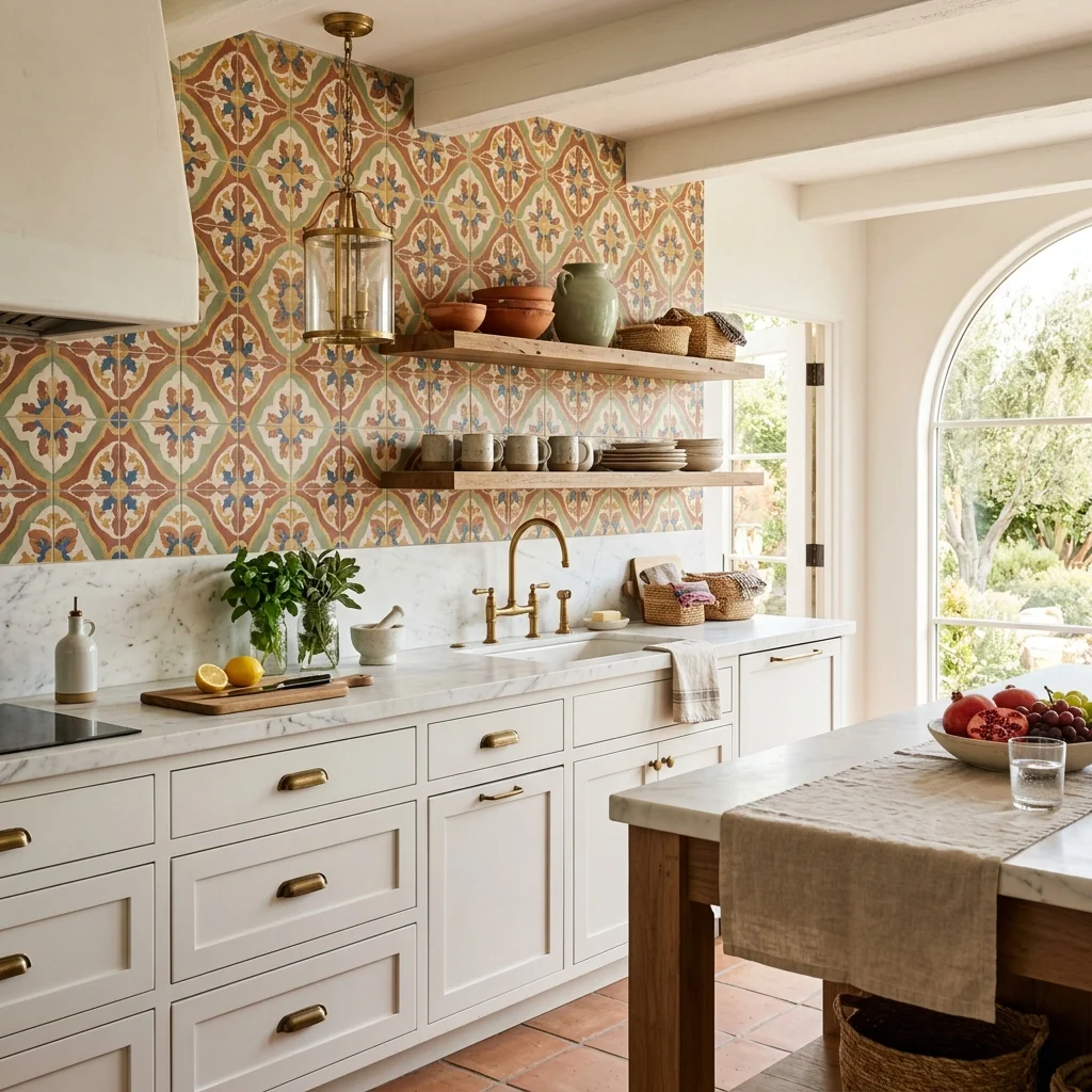 Moroccan encaustic cement tiles as kitchen backsplash tile