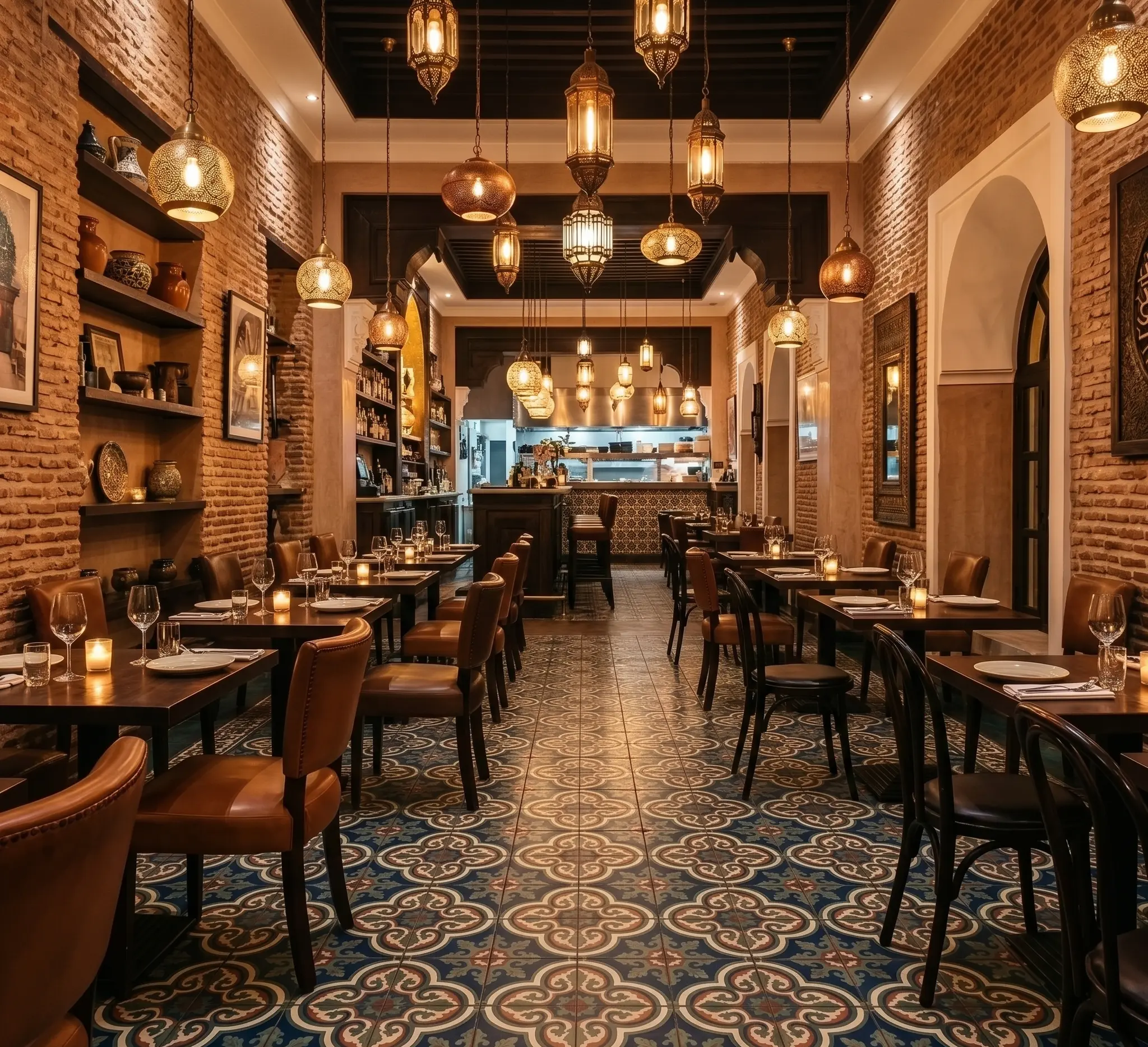 Luxury restaurant with Moroccan cement tile flooring